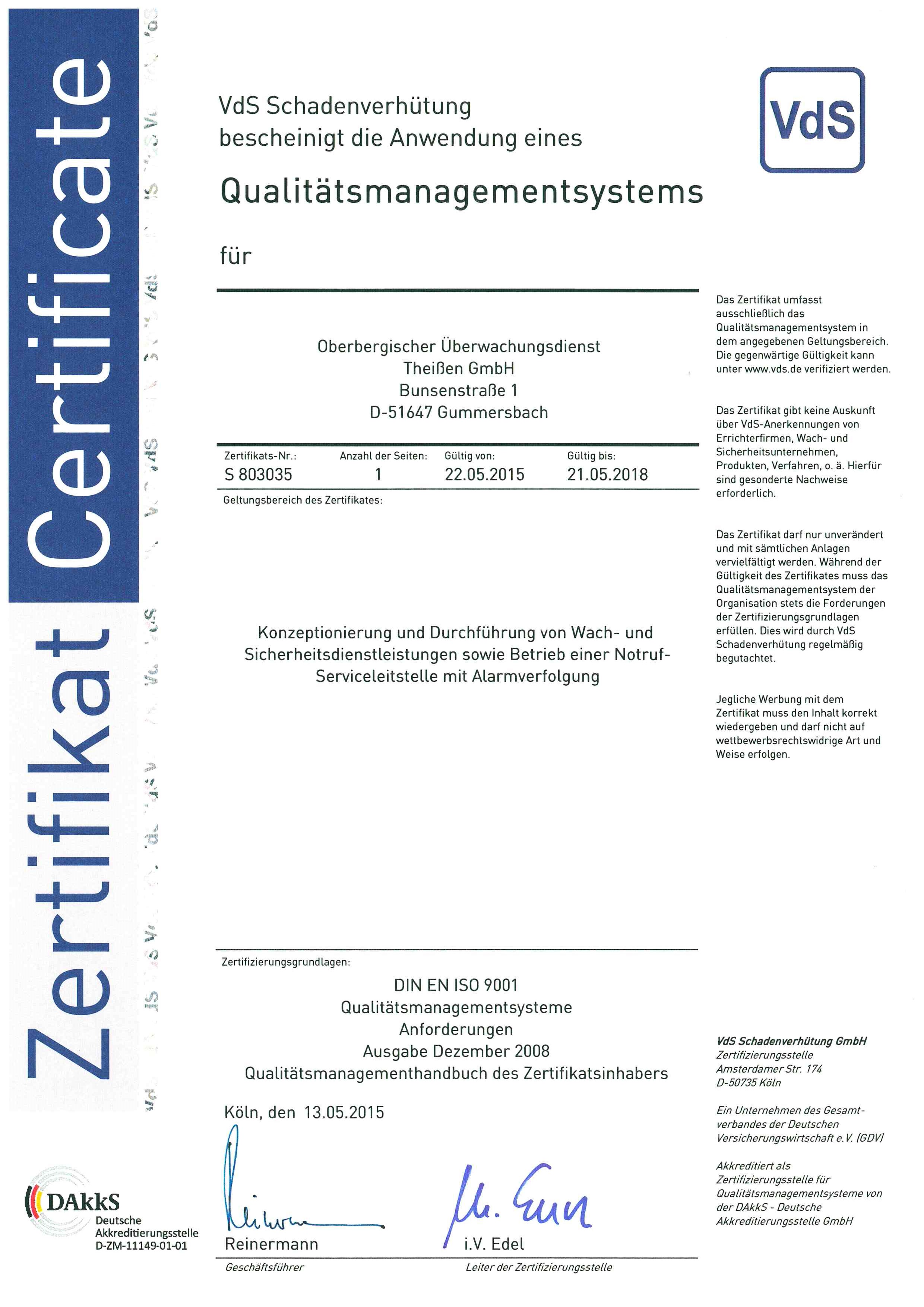 Oberbergischer Wachdienst Theißen - Zertifikat