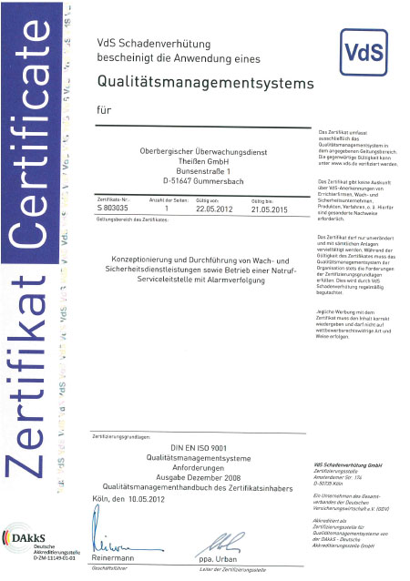 Oberbergischer Wachdienst Theißen - Zertifikat