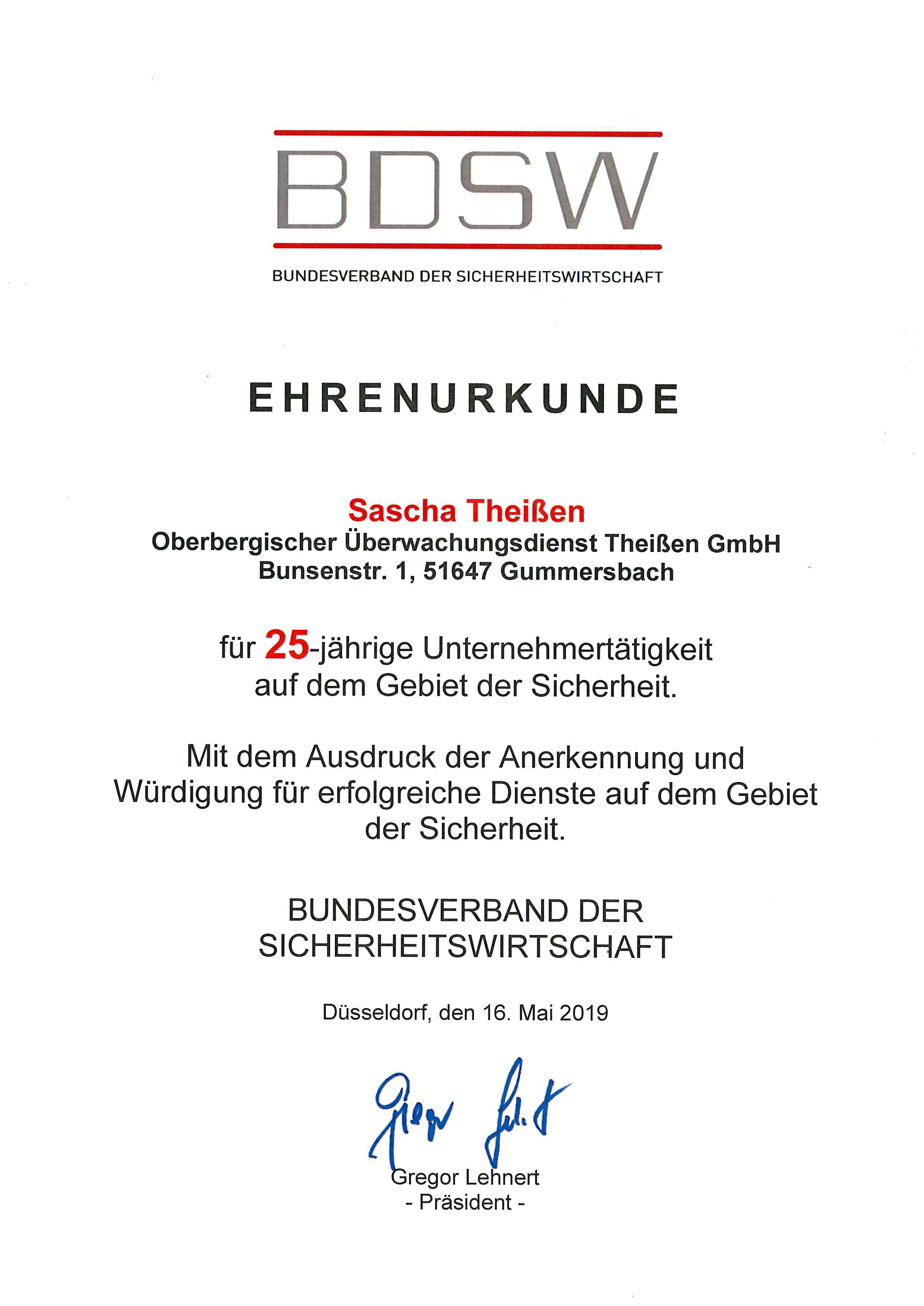 Sicherheitsdienst, Wachdienst, BDSW, Ehrenurkunde