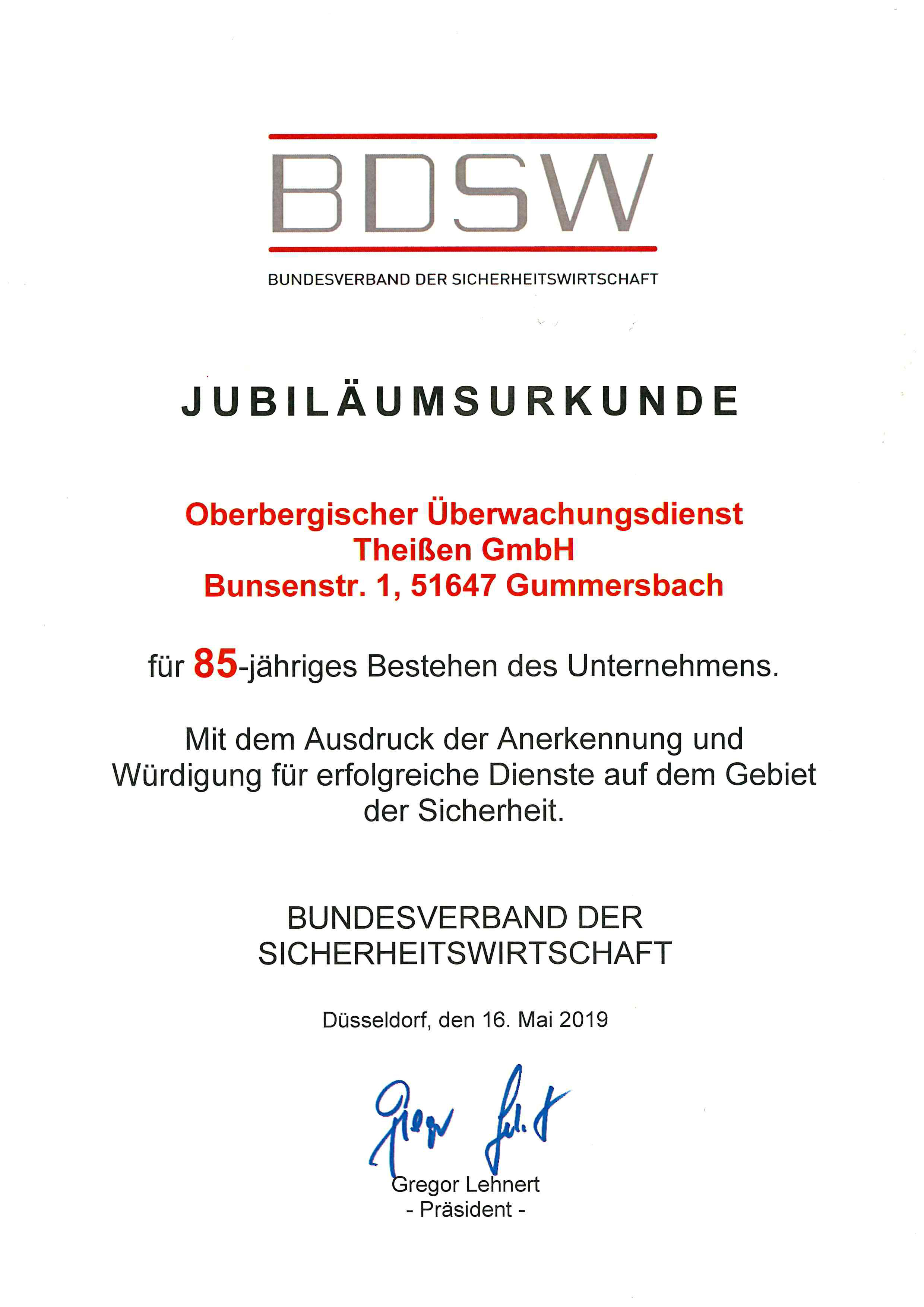 BDSW Jubiläumsurkunde